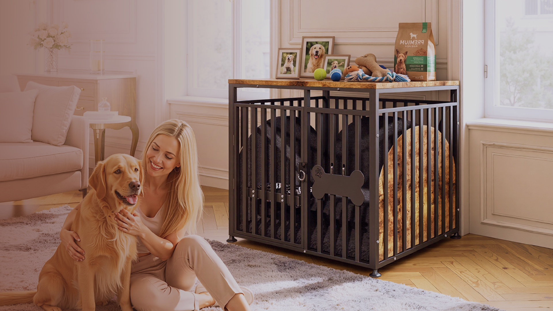 A family relaxing at home with their dog